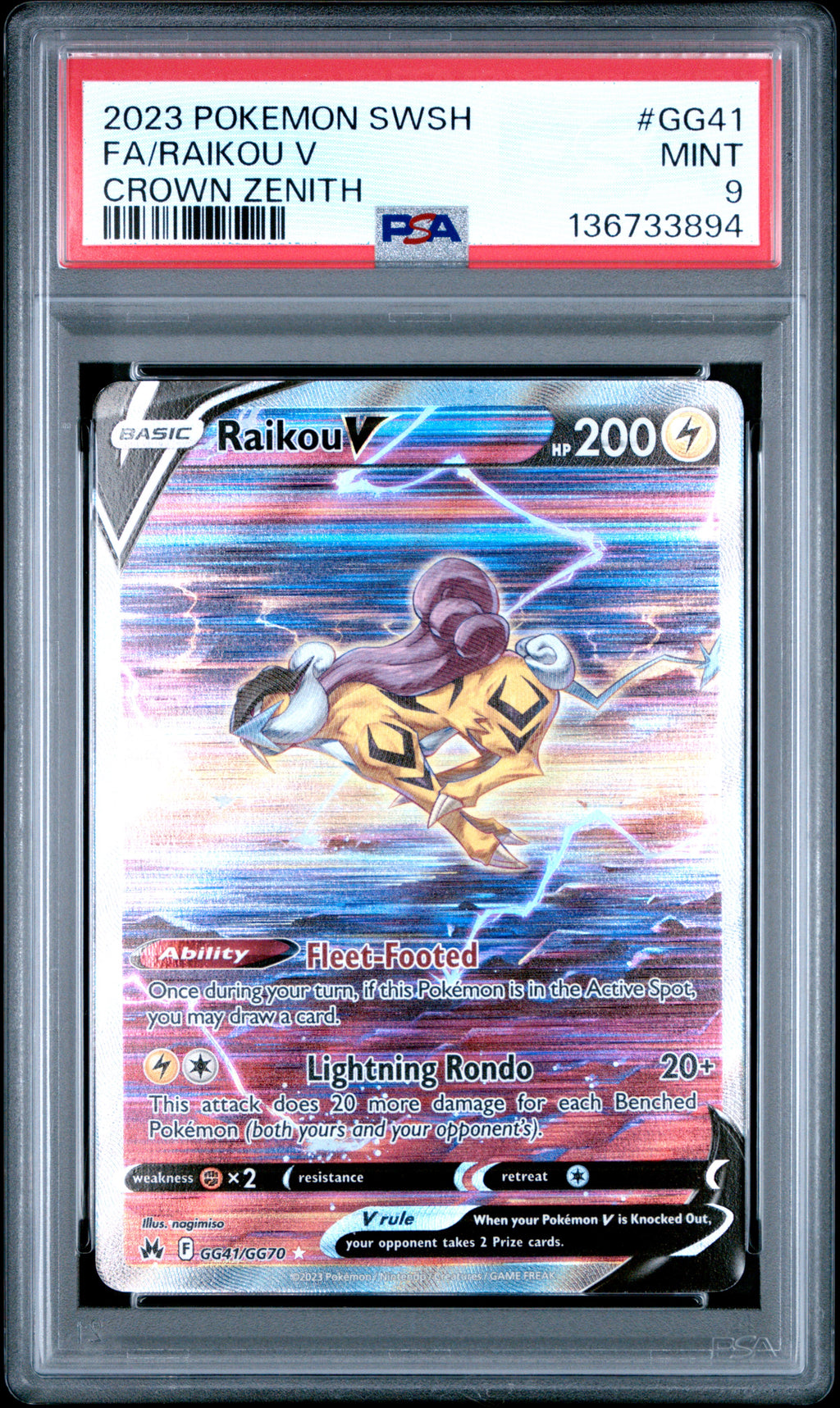 Raikou V GG41/GG70 Sword Shield Crown Zenith Pokemon PSA 9 front